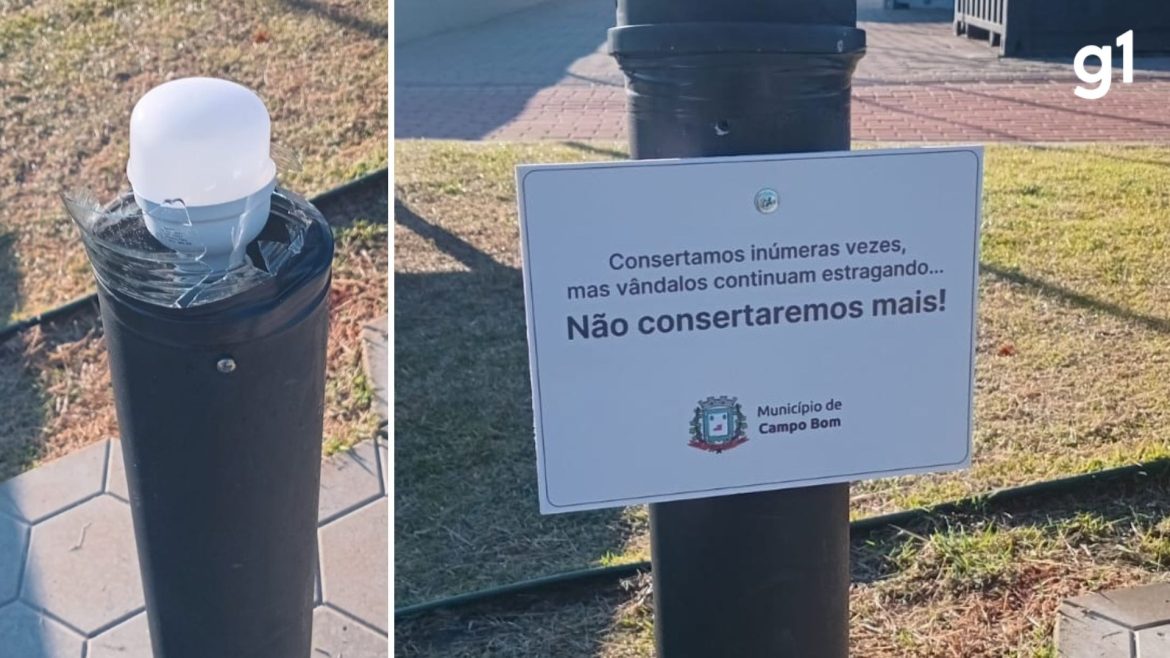 ‘nao-consertaremos-mais’:-prefeitura-de-municipio-no-rs-instala-placas-apos-destruicao-de-mais-de-50-luminarias