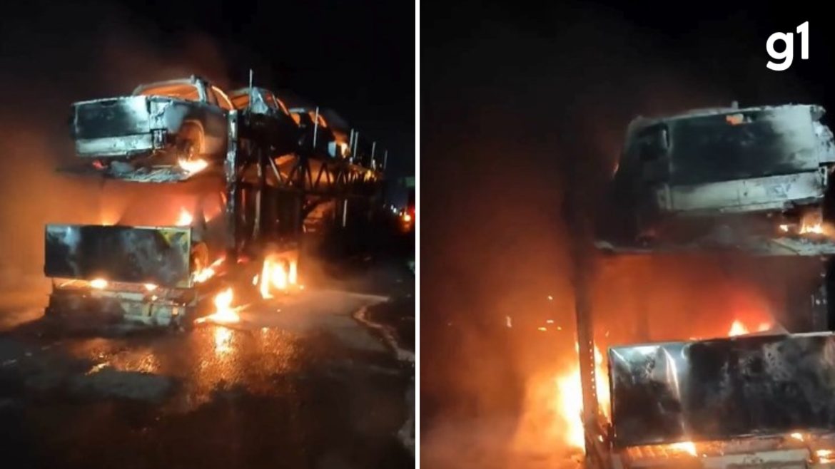 video:-caminhao-cegonha-pega-fogo-e-11-carros-sao-destruidos-na-br-101,-em-terra-de-areia