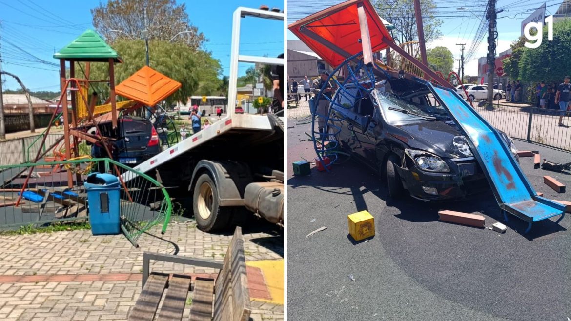 carro-invade-praca,-destroi-brinquedos-de-parquinho-e-motorista-e-preso-apos-fuga-em-passo-fundo,-diz-policia