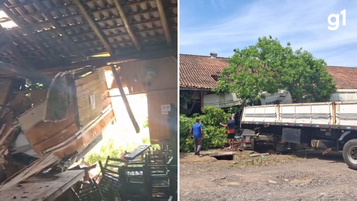 video:-caminhao-desgovernado-invade-e-destroi-centro-tradicionalista-no-rs;-motorista-ficou-preso-nas-ferragens