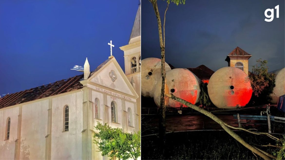 passagem-de-ciclone-destelha-igreja-centenaria,-destroi-ginasio-esportivo-e-tomba-pipas-de-vinho-em-flores-da-cunha;-veja-imagens