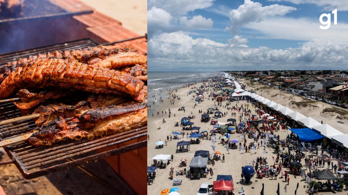 churrasco-que-nasceu-de-disputa-familiar-vira-evento-para-180-mil-pessoas,-com-4,5-km-de-fogo-e-carne-em-praia-do-rs