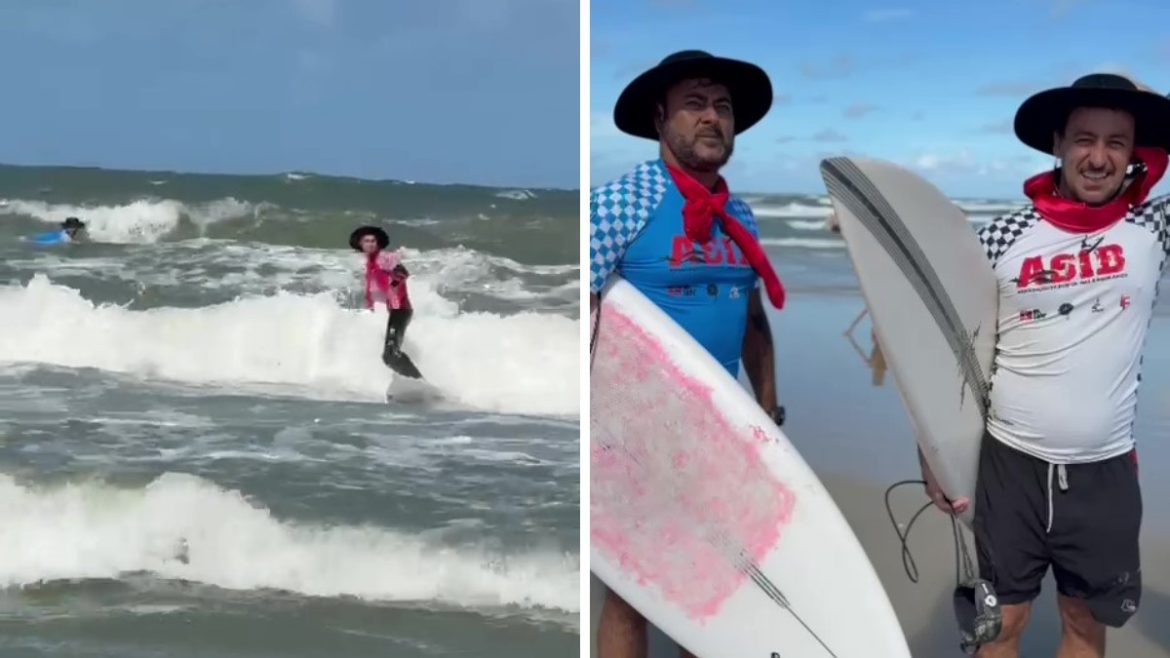 surfistas-encaram-ondas-de-chapeu-e-lenco-no-pescoco-no-rs
