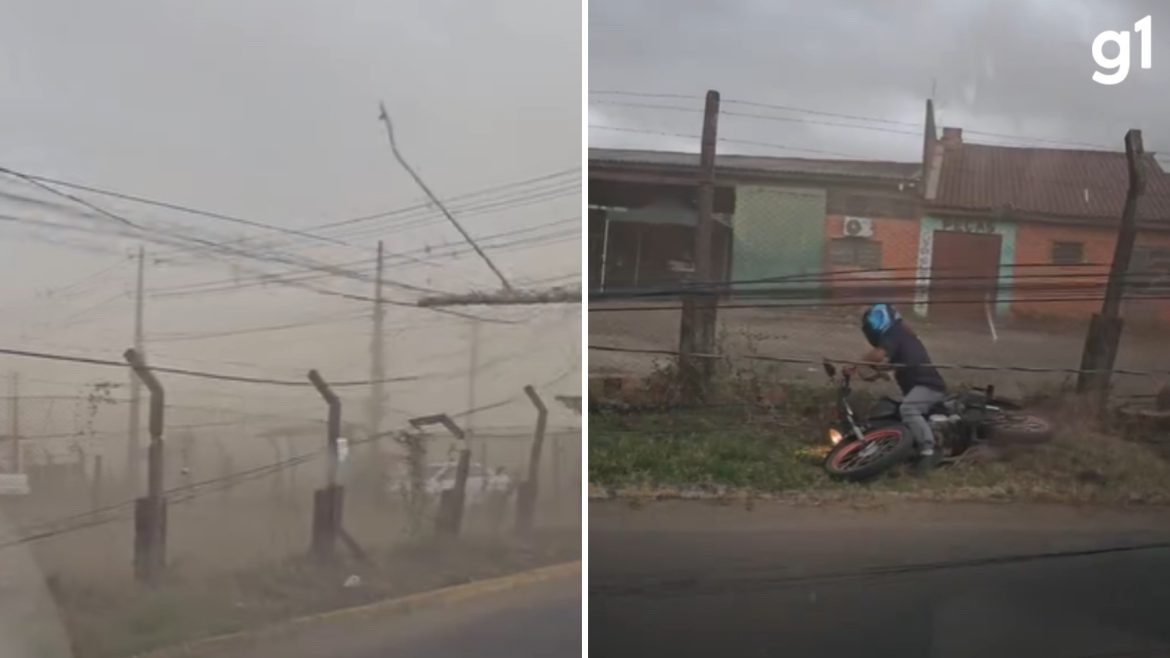 video:-poste-cai-com-ventos-de-85-km/h-e-fios-derrubam-motociclista-no-rs
