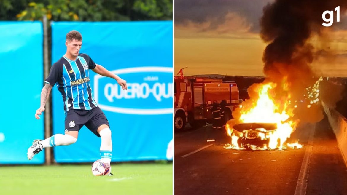 video:-carro-de-jogador-do-gremio-pega-fogo-em-acidente-apos-partida-das-categorias-de-base-no-rs