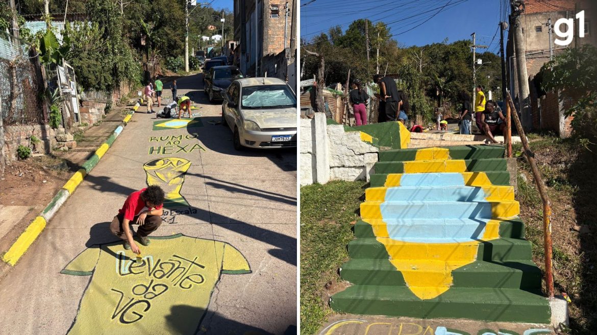 taca-e-bandeira-do-brasil-em-escadaria:-comunidade-de-porto-alegre-pinta-ruas-para-a-copa-do-mundo